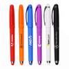 A collection of six gel pens in red, orange, blue, purple, white, and black, featuring various branding.