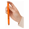 An orange Fidget Gel Pen held in a hand, featuring a logo on its side.
