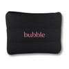A black neoprene cosmetic bag featuring a logo in pink, with a smooth, cushioned texture.