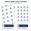 Custom printed paper in white, featuring a pattern of logos in blue. Sizes of 50cm x 70cm are displayed.