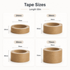 Kraft paper packaging tape in various widths: 24mm, 36mm, 50mm, and 75mm. Each roll is 50 metres long.