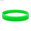 A bright green silicone wristband featuring a smooth, embossed design. It includes a logo on the surface.