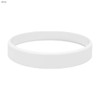 A white silicone wristband with an embossed design and a logo.