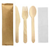 A wooden cutlery set featuring a knife, fork, spoon, and napkin, all in natural wood colour with a packaging sleeve.