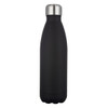 A drink bottle in sleek black with a stainless steel lid and a matte finish, featuring a logo.