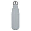 A drink bottle in a matte grey finish with a stainless steel cap and a sleek design. Features a logo.