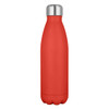 A drink bottle in bright red with a stainless steel cap and a smooth matte finish. It features a logo on the surface.