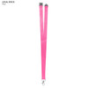 A pink polyester lanyard, 20mm wide, featuring a clip and a branding logo.