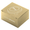 A round car vent mount in black, packaged in a brown box made of wheat fibre with a logo.