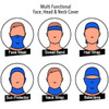 A blue custom neck gaiter displayed in various wearing styles, including face mask and balaclava. Features illustrations of different uses.