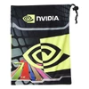 A microfibre pouch featuring a vibrant design in black and yellow, with a drawstring closure and a logo.