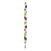 A pair of white shoe laces featuring multicoloured polka dots in green, purple, and pink.