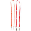 A bright orange and red dual attachment custom lanyard featuring clips at both ends and a logo.