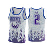 A sports singlet featuring a blue and white design with flame patterns and a number 2 on the back. It has a logo.