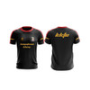 A black sports training top with red sleeves, featuring logos and gold text on both the front and back.