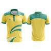 A yellow and green polo shirt featuring a logo and bold curved design elements on the front and back.