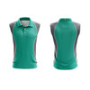 A sleeveless polo shirt in teal and grey with a collar and a logo. Features a streamlined design and sporty look.