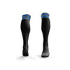 A pair of black sports socks featuring blue stripes at the top and a fitted design. Includes branding on the side.