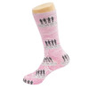 Pink dress sock featuring silhouetted figures and a logo, displayed on a sock mannequin.