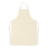 A light cream cotton apron with ties and a front pocket, featuring a logo on the front.