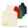 A collection of junior cotton aprons in cream, red, green, blue, and black, featuring a logo on one. Suitable for ages 8-12.