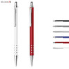 Two metal pens in white and red, with chrome accents and a logo, alongside additional colours of pen tips.