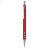 A red metal pen with a sleek design and silver accents, featuring a clip and dotted grip.