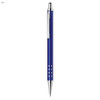 A blue metal pen with a sleek design, a silver clip, and decorative holes on the barrel.