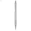 A sleek silver metal pen featuring a modern design and a clip, with decorative perforations on the grip.