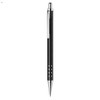 A sleek black metal pen with a silver clip and decorative holes along the barrel, featuring a logo.