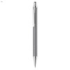 A metal pen in grey with a sleek design and a silver clip, featuring a textured grip. It has a branding logo.