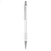 A metal pen in white with a sleek design and a clip, featuring a logo on the side.