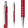 A red metal pen with a sleek design, featuring a silver clip and holes for grip. It has branding on the side.
