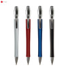 A set of four metal pens in silver, red, blue, and black, featuring a sleek design and a branding logo.