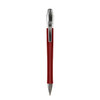 A metal pen in red with a silver clip and a branded logo on the side.
