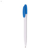 A white plastic pen with a blue clip and top, featuring a logo on the barrel.