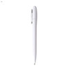 A white plastic pen with a sleek design and a clip, featuring a simple logo branding.