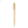 A plastic pen in a beige colour with a unique, curved cap design and a branding logo.