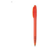 An orange plastic pen with a translucent body and a clip for easy attachment.
