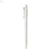 A plastic pen in white, featuring a streamlined design and a clip for easy attachment. It includes a branding logo.