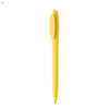 A yellow plastic pen featuring a simple design and a clip at the top. It has a logo on the barrel.