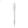 A plastic pen in clear and silver, featuring a clip and a transparent barrel, with branding visible.