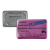 A rectangular button badge in pink with a pin backing, featuring a logo and promotional text related to plumbing services.