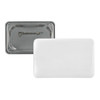 A rectangular button badge in white with a metal backing and pin closure.