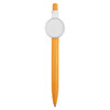 An orange plastic pen featuring a circular white button at the top. It has a logo displayed on the button.