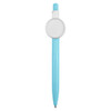 A turquoise plastic pen featuring a circular white button badge at the top. It includes a branding logo.