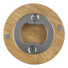 A bamboo bottle opener featuring a metal opening mechanism. It has a natural wood finish and includes two screws for attachment.