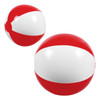 A beach ball featuring red and white panels, perfect for outdoor fun and games. Includes a logo.