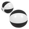 A beach ball in black and white, featuring a smooth surface and round shape, with a logo visible on it.