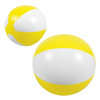 A beach ball with yellow and white stripes, featuring a round shape and a logo on it.